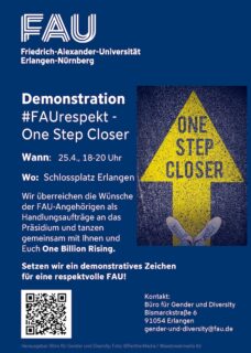 Zum Artikel "Call for Participation: #FAUrespekt – One Step Closer: Demonstration auf dem Erlanger Schloßplatz am  25. April 2024"